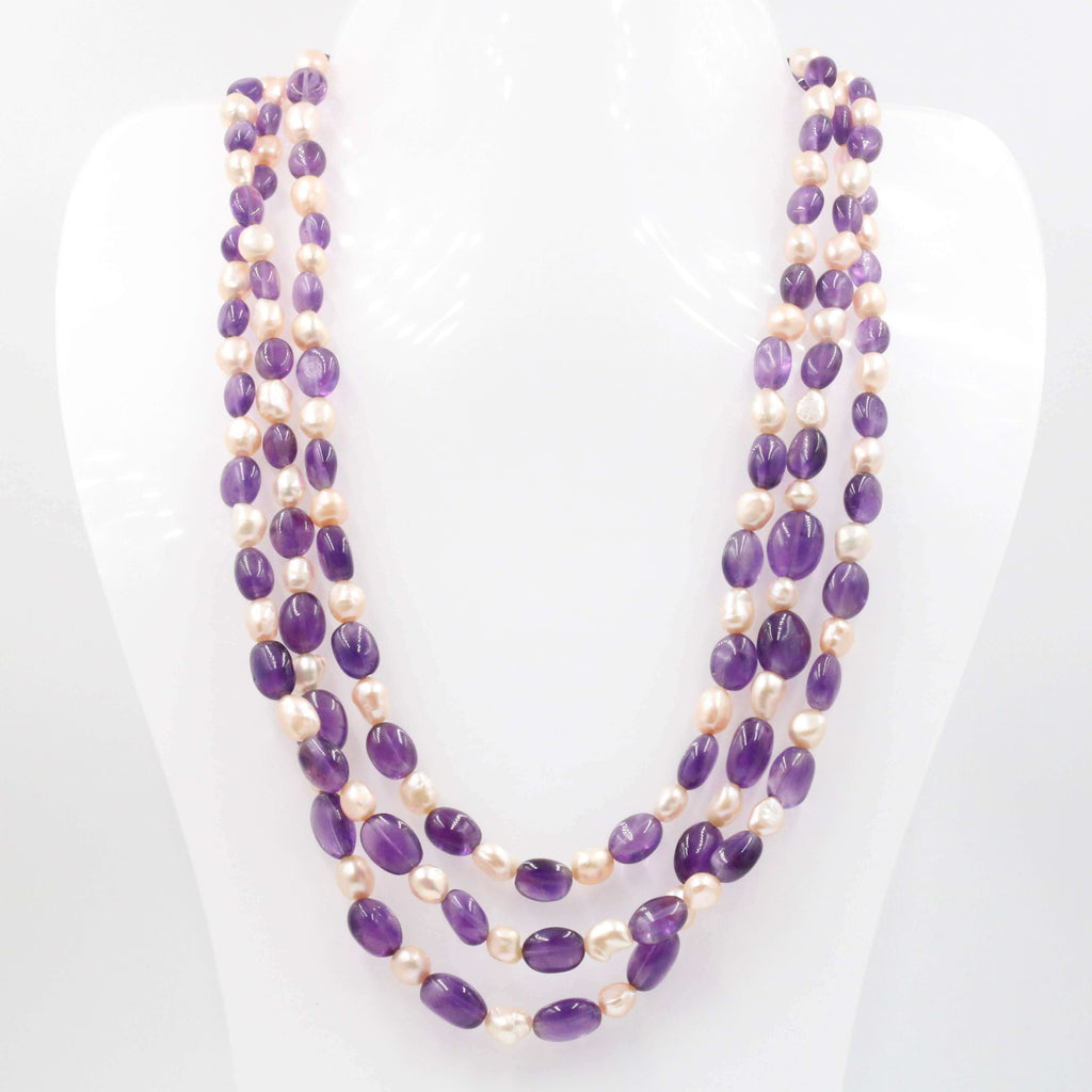 Layered Long Natural Amethyst & Pearl Necklace