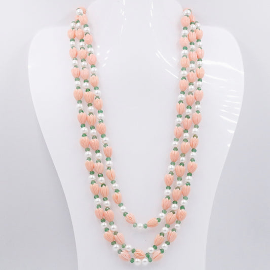 Coral Shell Pearl & Quartz Beaded Necklace