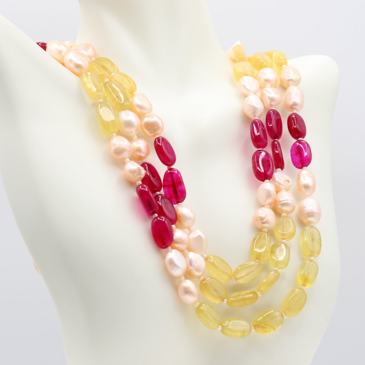 Fresh Water Pearl with Bi-Color Jade multi-strand necklace showcasing elegant pearls and vibrant jade.