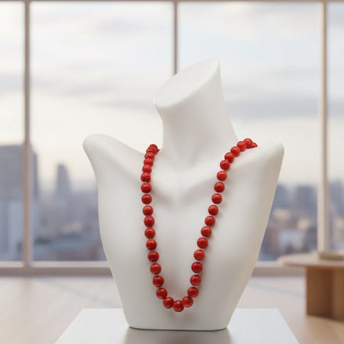 Natural orange coral gemstone necklace displayed on a mannequin with multiple strands of 8-10mm beads.