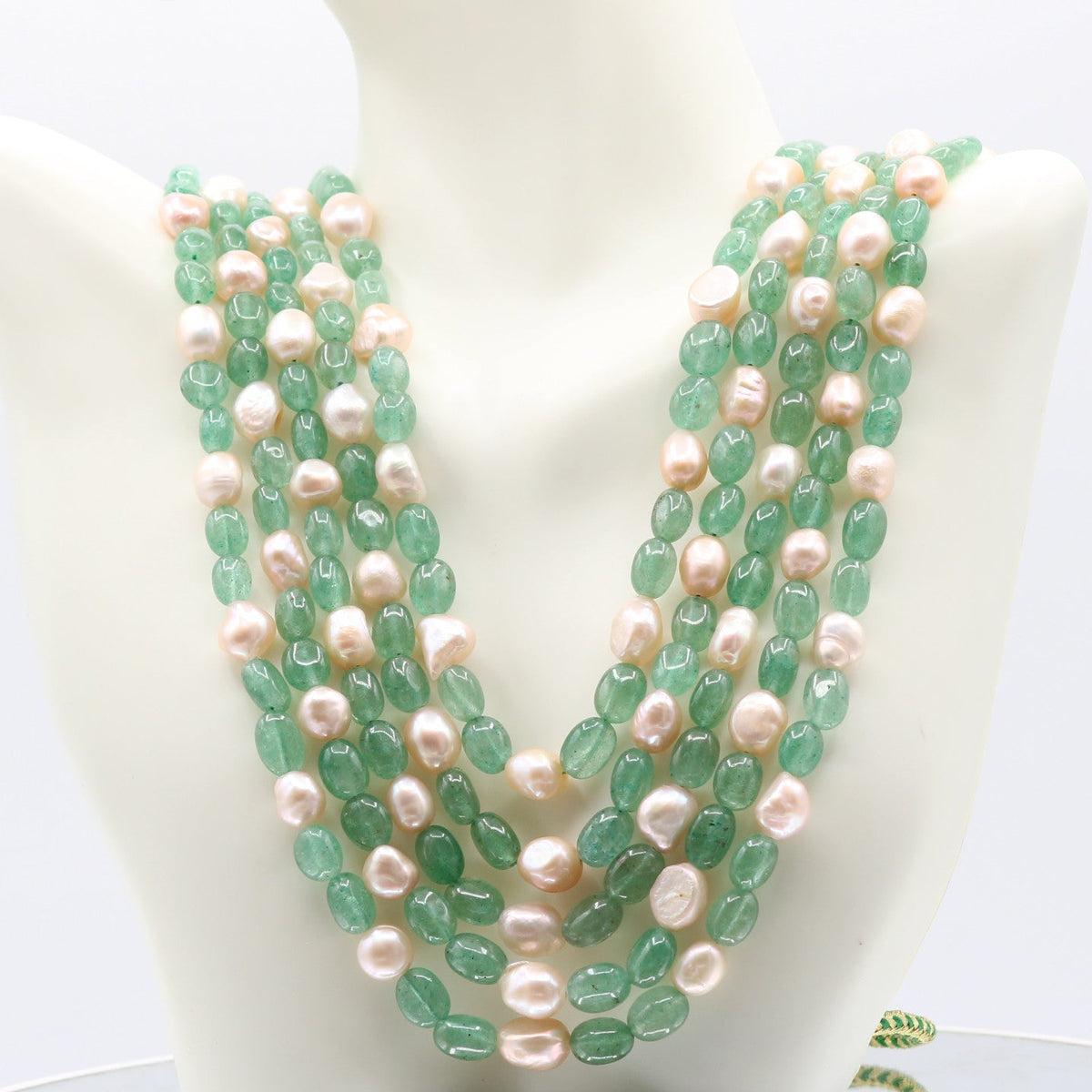 Layered necklace featuring Russian Emerald and pearls, a beautiful energy amplifier for any occasion.