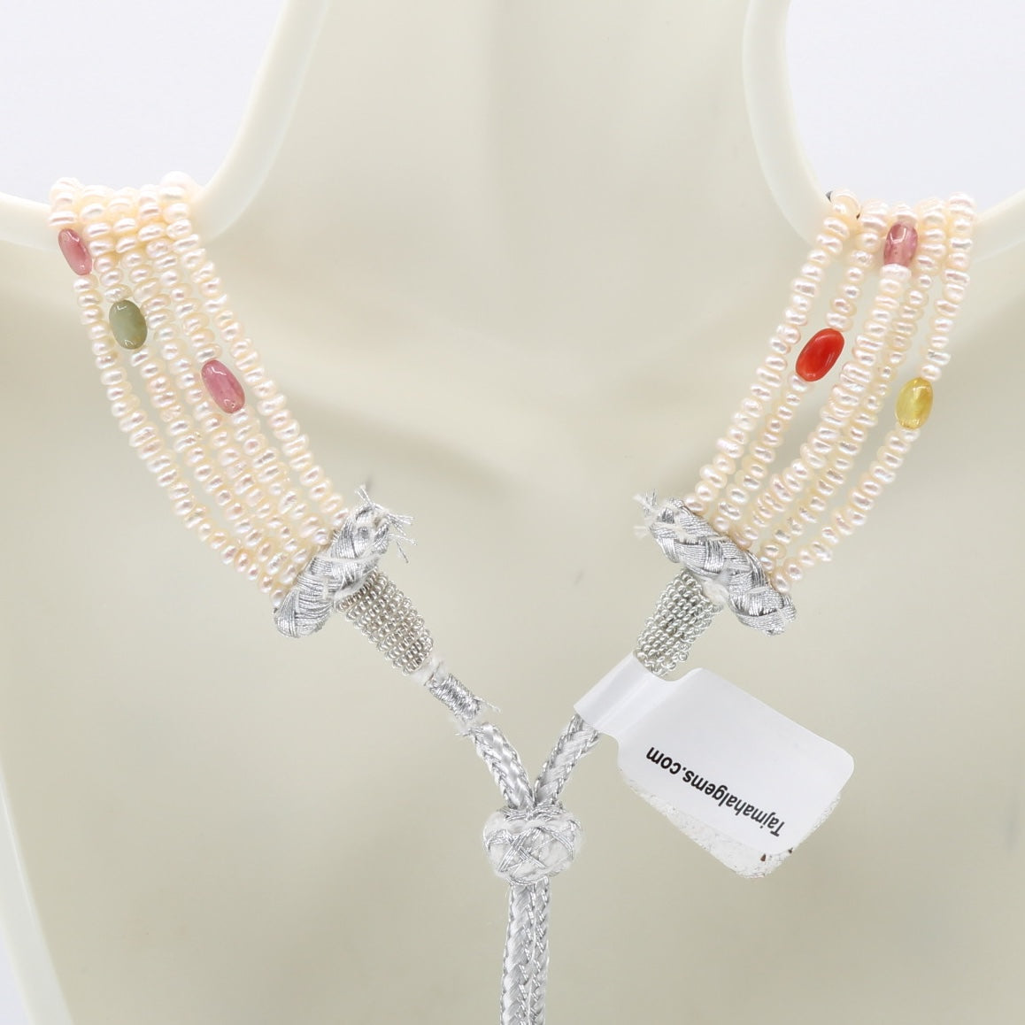 Fresh Water Pearl with Navratna Necklace showcasing cultured pearls and colorful beads.