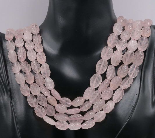 Beaded Leaf Design Rose Quartz Necklace: Exquisite Beauty