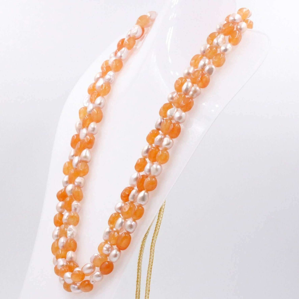 Natural Orange Quartz & Pearl Jewelry - Long & Layered Necklace