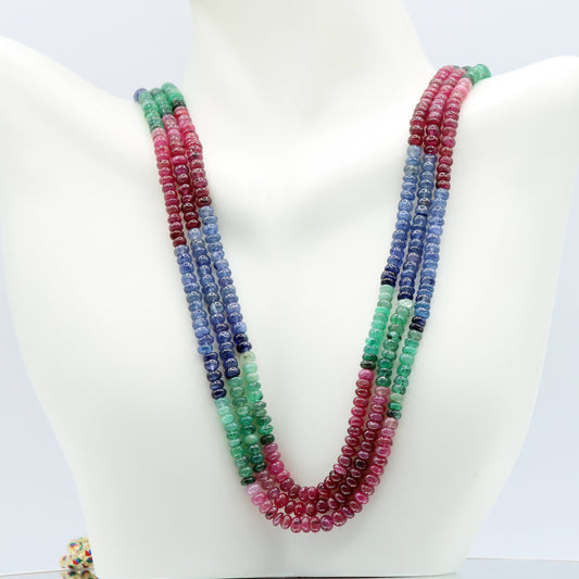 Multi Color Sapphire Beaded Necklace featuring multi-color rondelle beads, 16-18 inches length, semi-transparent gemstones.