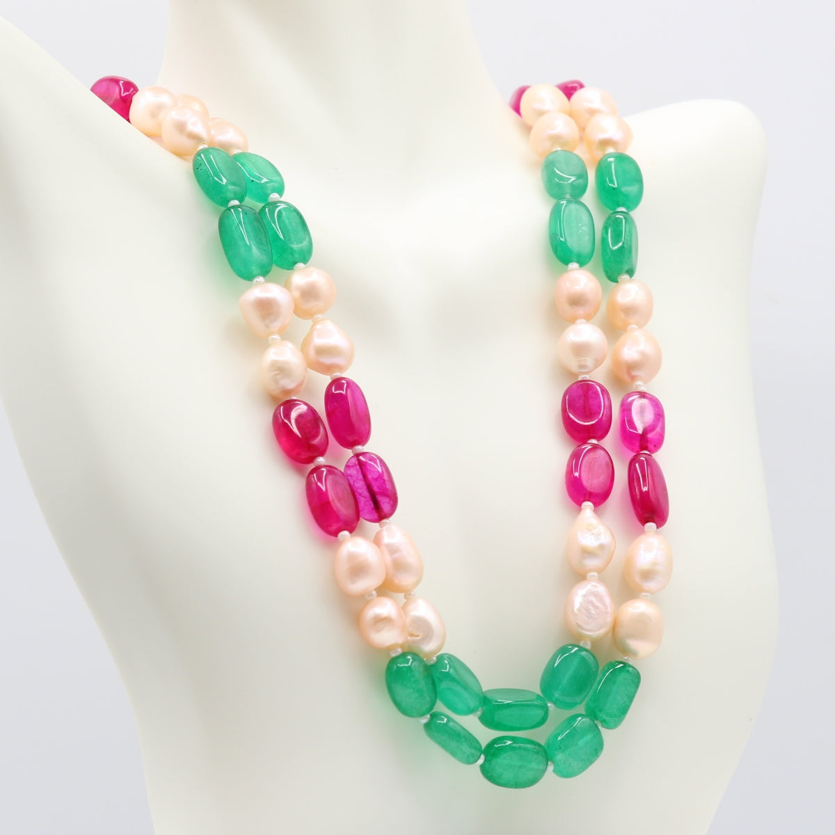 Stunning Bi-Color Jade with FWP Necklace featuring vibrant green, pink gemstones and elegant freshwater pearls.