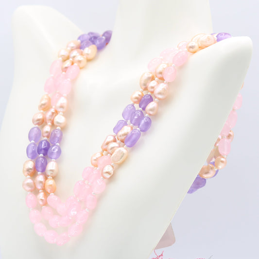 Multi Color Jade Necklace with Fresh Water Pearl - 3 Strand