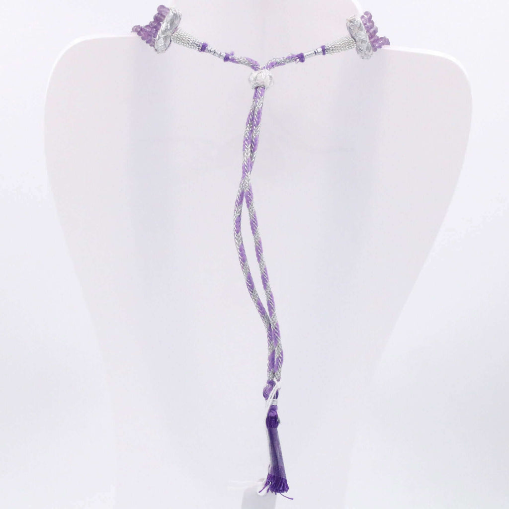 Natural Amethyst Necklace with Beaded Quartz and Gemstones in a Long Layered Indian Design