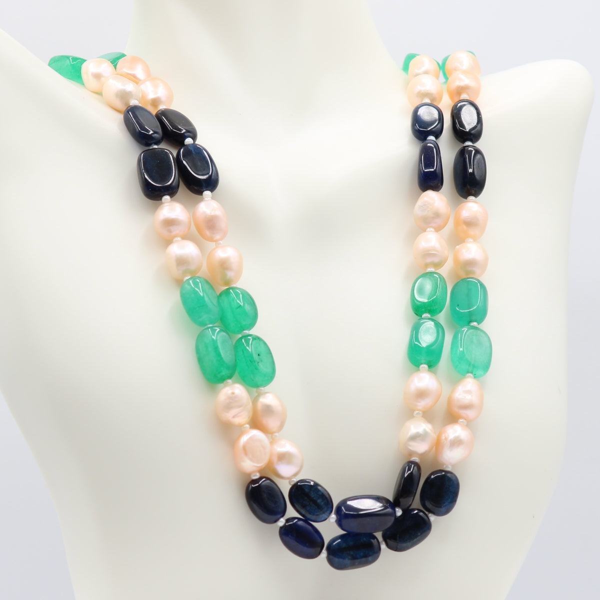 Bi-Color Jade with FWP Beaded Necklace featuring blue and green hues with pearls on a display mannequin.