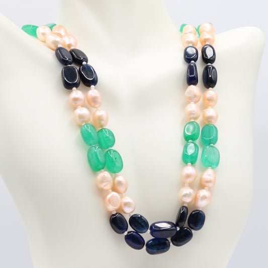 Bi-Color Jade with FWP Beaded Necklace featuring blue and green hues with pearls on a display mannequin.