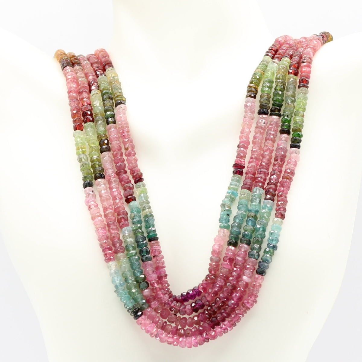 Tourmaline multi color faceted necklace displaying a vibrant array of gemstones in various hues.