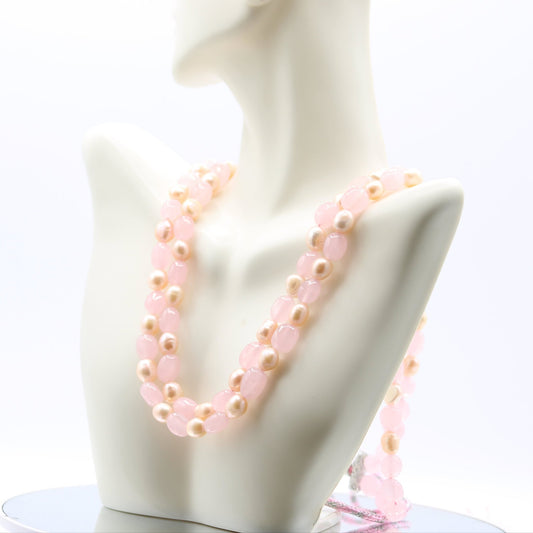 Rose Quartz & Fresh Water Pearl Necklace - Taj Mahal Gems