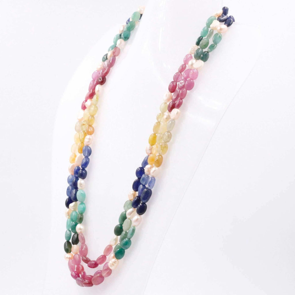Beaded Sarafa Necklace Featuring Multi-Color Sapphires, Emeralds, and Fresh Water Pearls