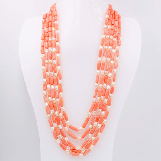 Coral and Pearl Beaded Necklace - Taj Mahal Gems