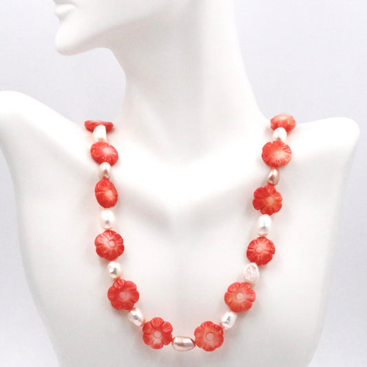 Cultured Pearl and Coral Flower Necklace - Taj Mahal Gems