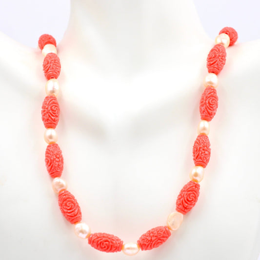 Cultured Pearl and Coral Necklace - Taj Mahal Gems