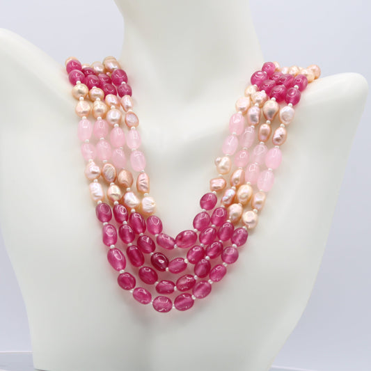 Rose & Pink Jade with Pearl Necklace - 4 Strand