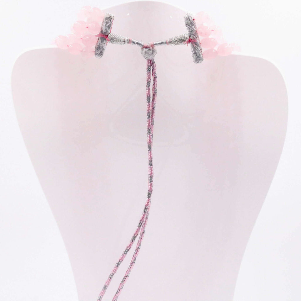 Long Layered Necklace with Pink Quartz Gemstones in Indian Sarafa Style