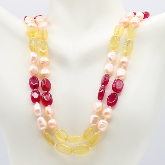 Fresh Water Pearl with Bi-Color Jade necklace featuring multi-strand design and vibrant colors.