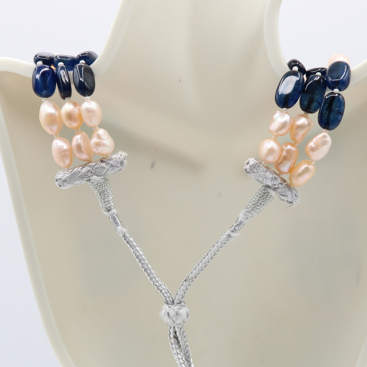 Bi-Color Jade with FWP Beaded Necklace featuring blue and green hues and pearl accents.