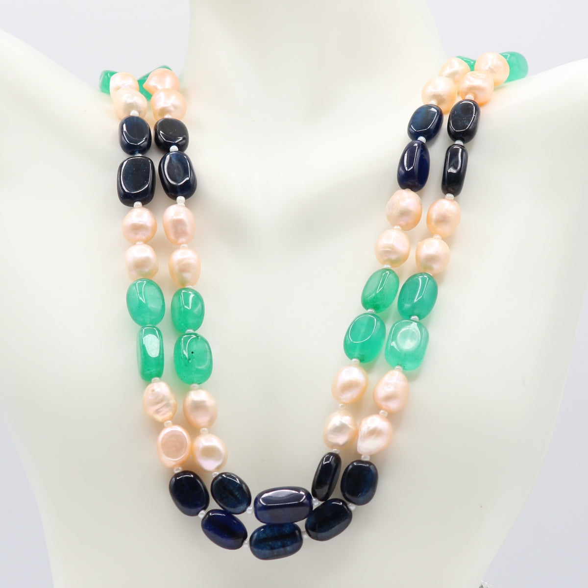 Bi-Color Jade with FWP Beaded Necklace showcasing blue and green hues, perfect for any occasion.