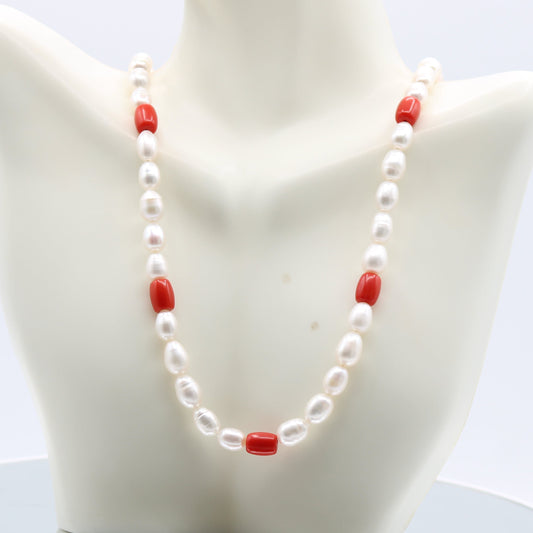 Fresh Water Pearl 8-10mm with Coral Necklace - Single Strand