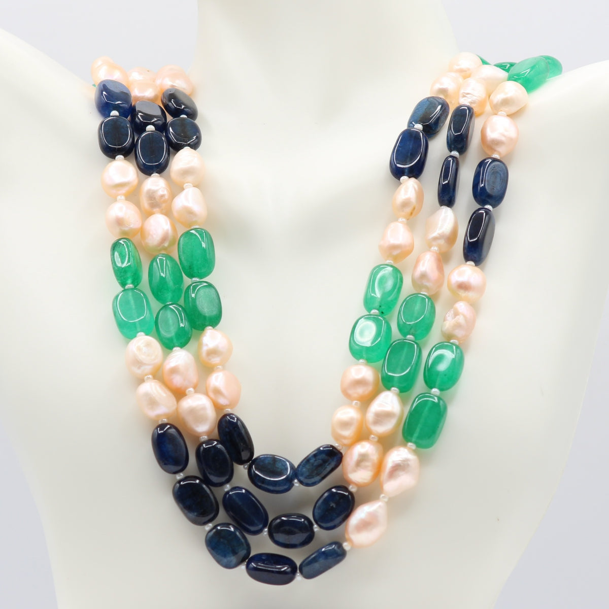 Bi-Color Jade with FWP Beaded Necklace showcasing blue and green jade and freshwater pearls.