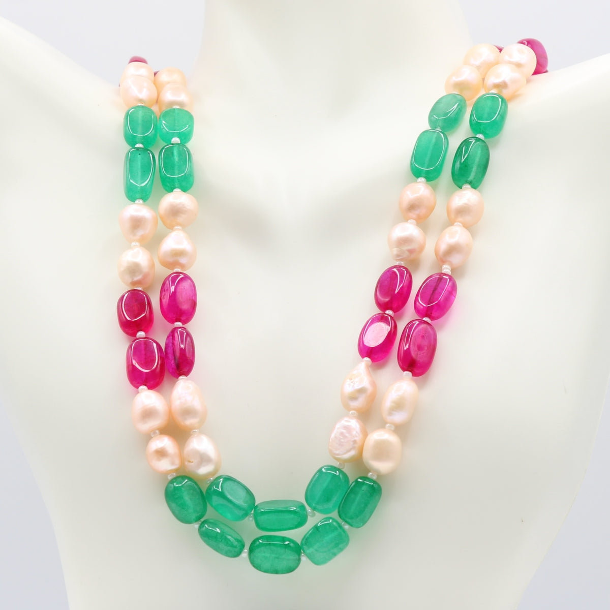 Bi-Color Jade with FWP Necklace featuring vibrant jade and freshwater pearls in striking colors.