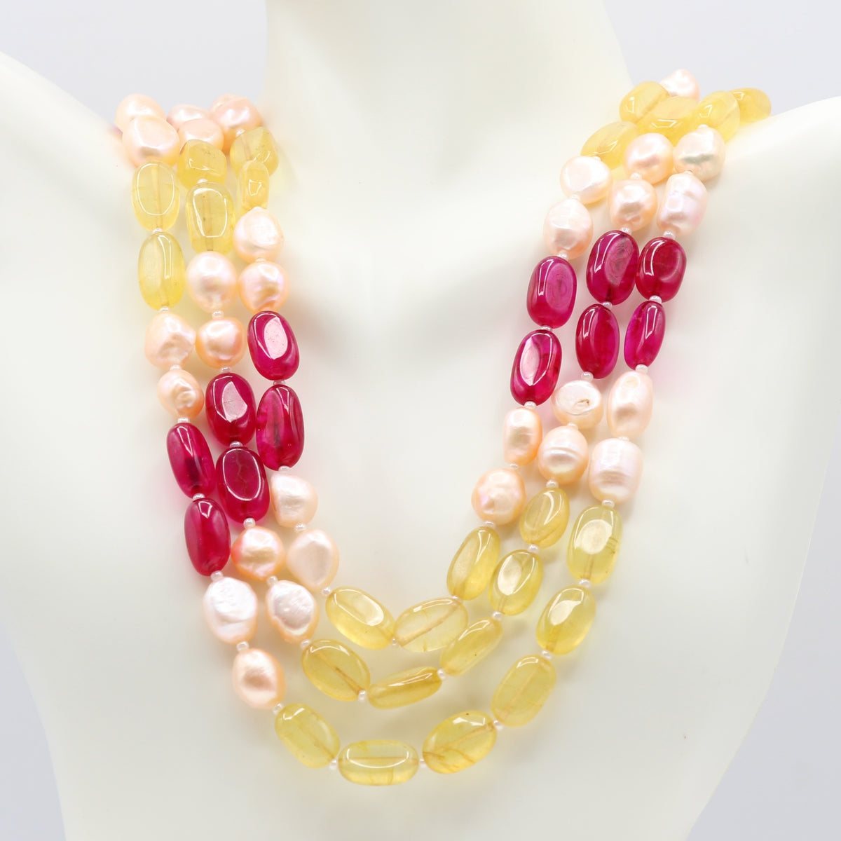 Fresh Water Pearl with Bi-Color Jade multi-strand necklace showcasing pearls and jade in elegant colors.