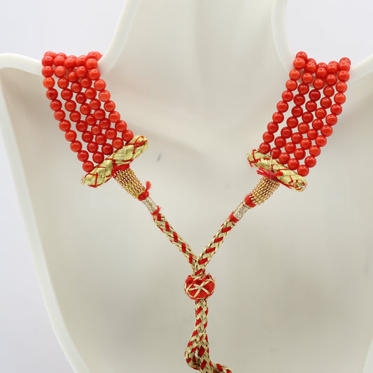 Coral Necklace - Natural Taiwan Coral Layered Necklace with red beads and gold accents on a white display.