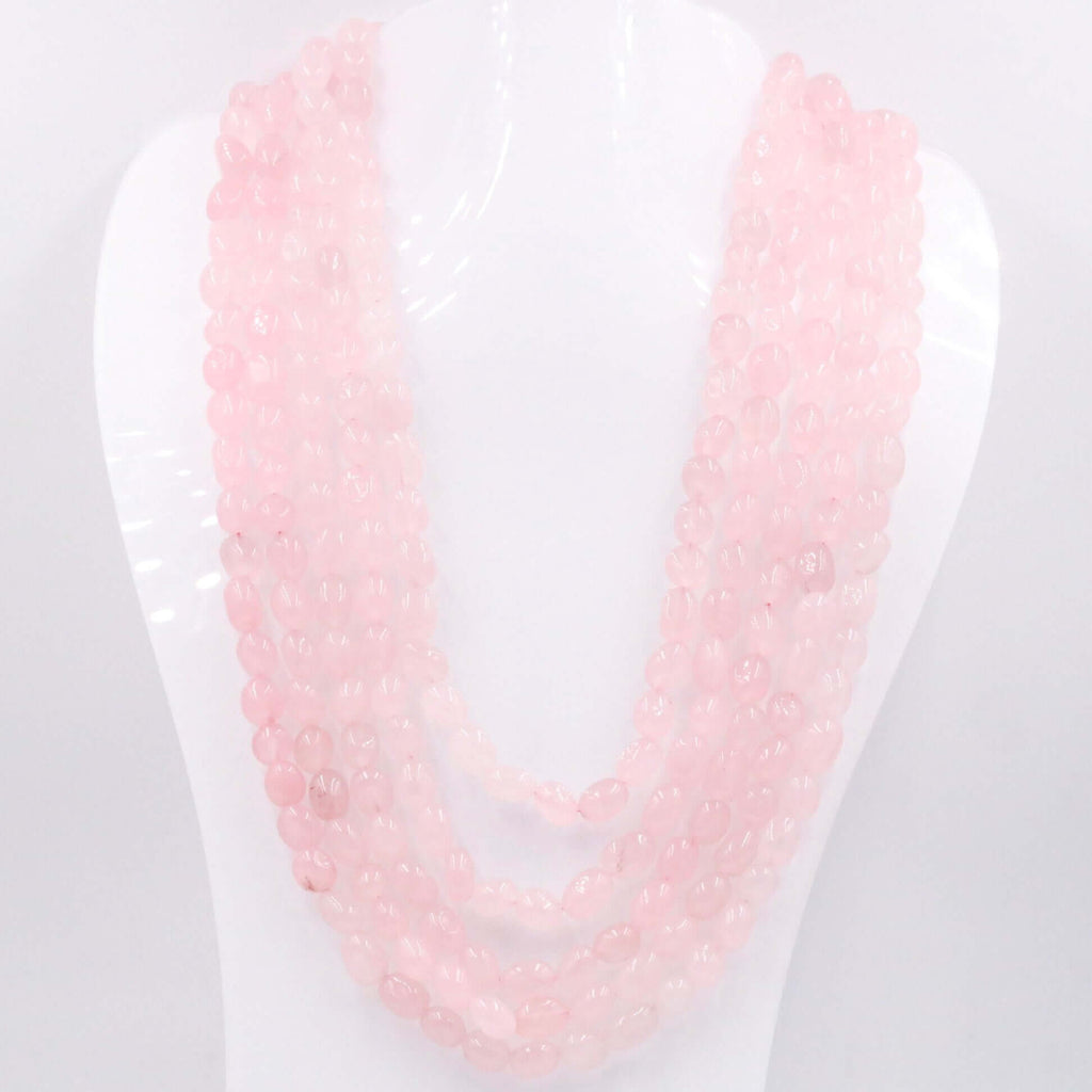 Long Pink Quartz Necklace with Layered Gemstone Beads in Sarafa Style