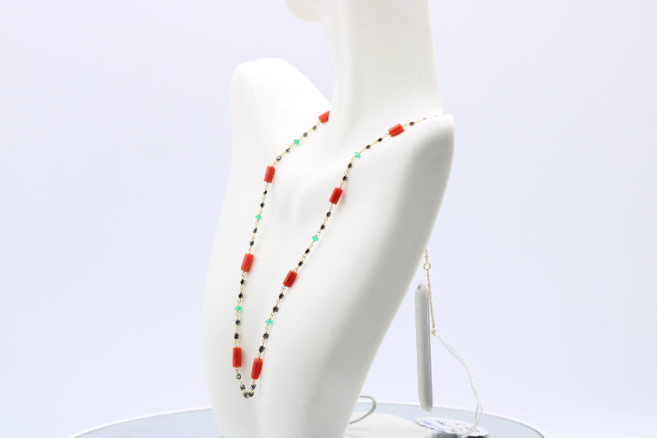 22K Gold Black Diamond Italian Coral and Emerald Necklace