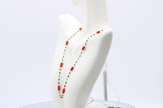 22K Gold Black Diamond Italian Coral and Emerald Necklace