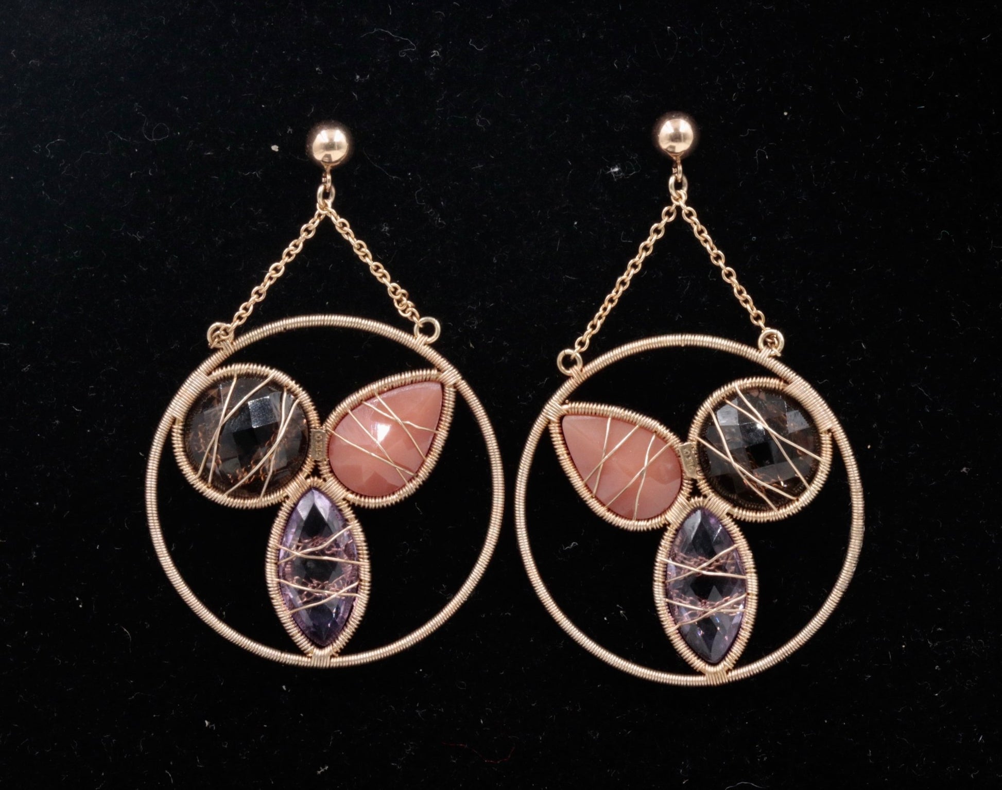 Multi-color gemstone drop earrings featuring Carnelian, Amethyst, and Quartz in 10K gold design.