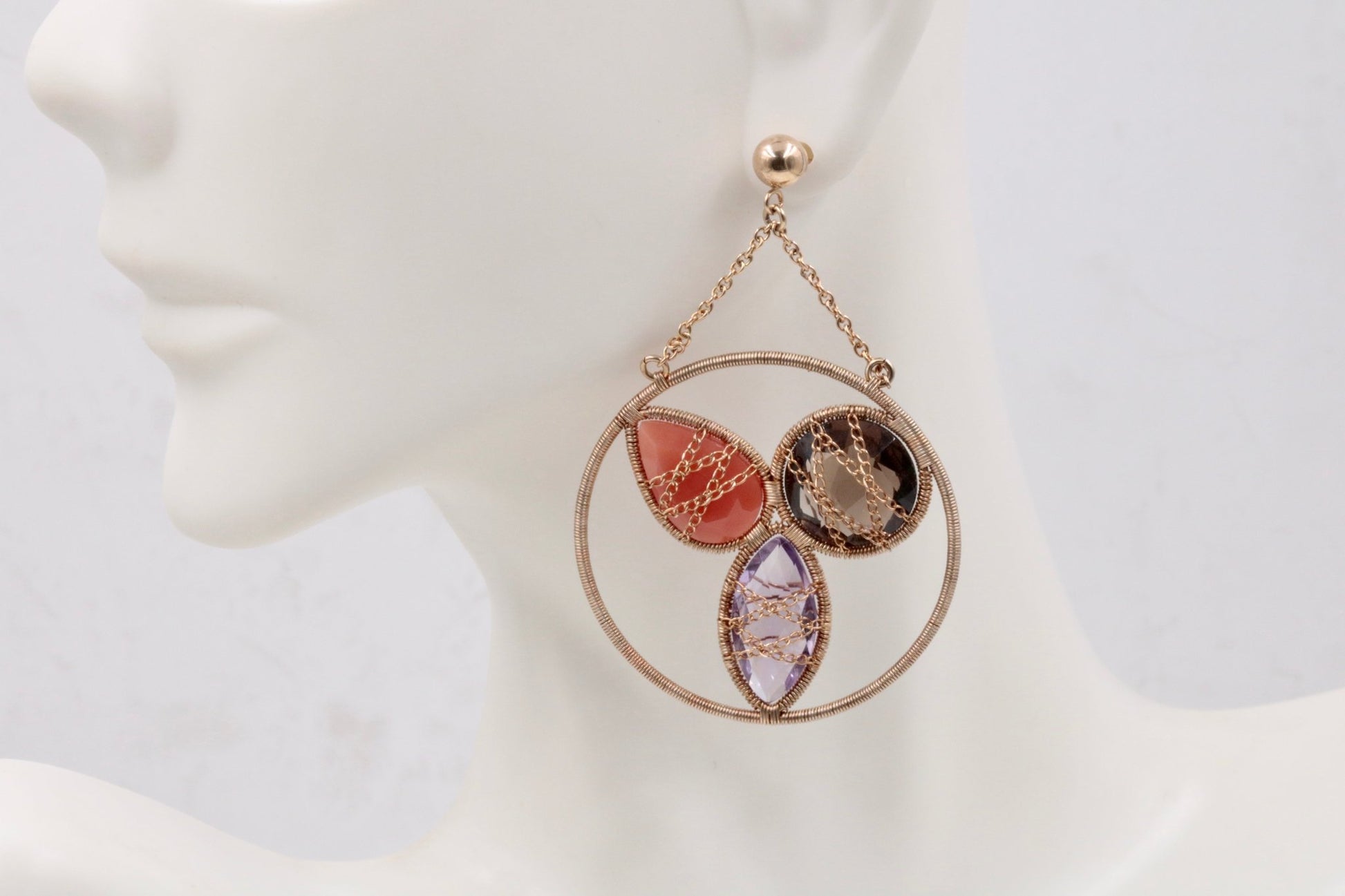 multi-color gemstone drop earrings featuring carnelian, amethyst, and quartz in 10K gold drop style.