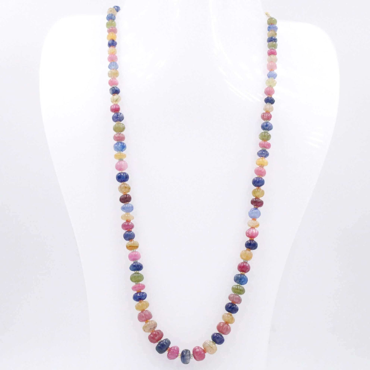 Multi-colored sapphire ruby necklace featuring vibrant gemstones in various colors.
