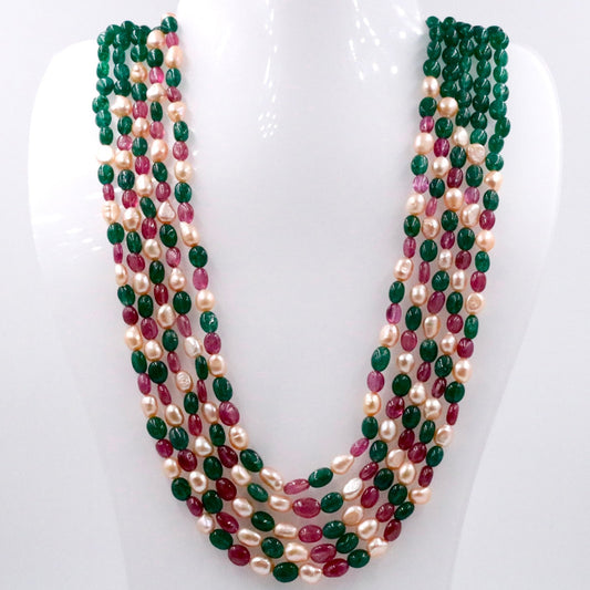 Multi - Gemstone Aventurine Quartz Ruby Freshwater Pearl Necklace - Taj Mahal Gems