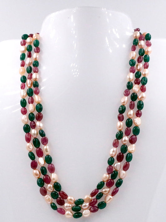 Multi - Gemstone Aventurine Quartz Ruby Freshwater Pearl Necklace - Taj Mahal Gems