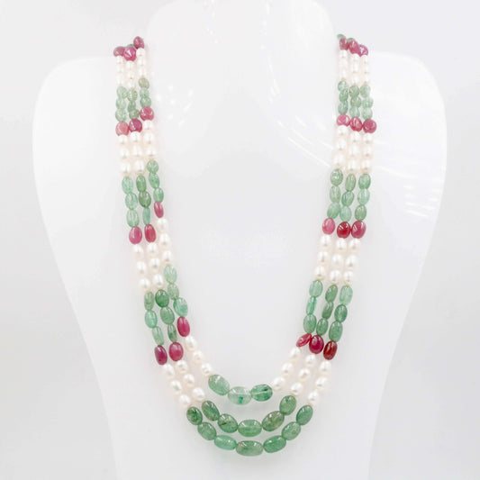 Multi Gemstone Necklace - Aventurine Pearl Ruby Beads - Taj Mahal Gems