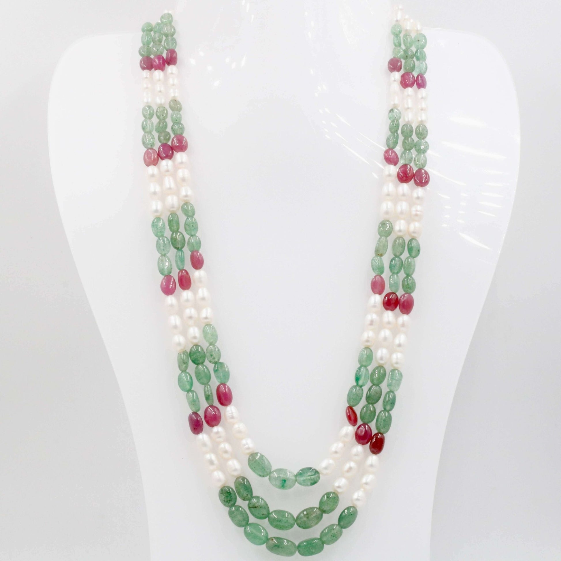 Multi Gemstone Necklace - Aventurine Pearl Ruby Beads - Taj Mahal Gems