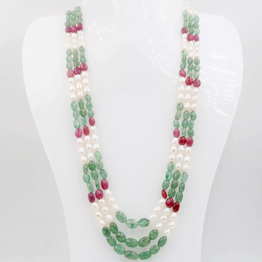 Multi Gemstone Necklace - Aventurine Pearl Ruby Beads - Taj Mahal Gems