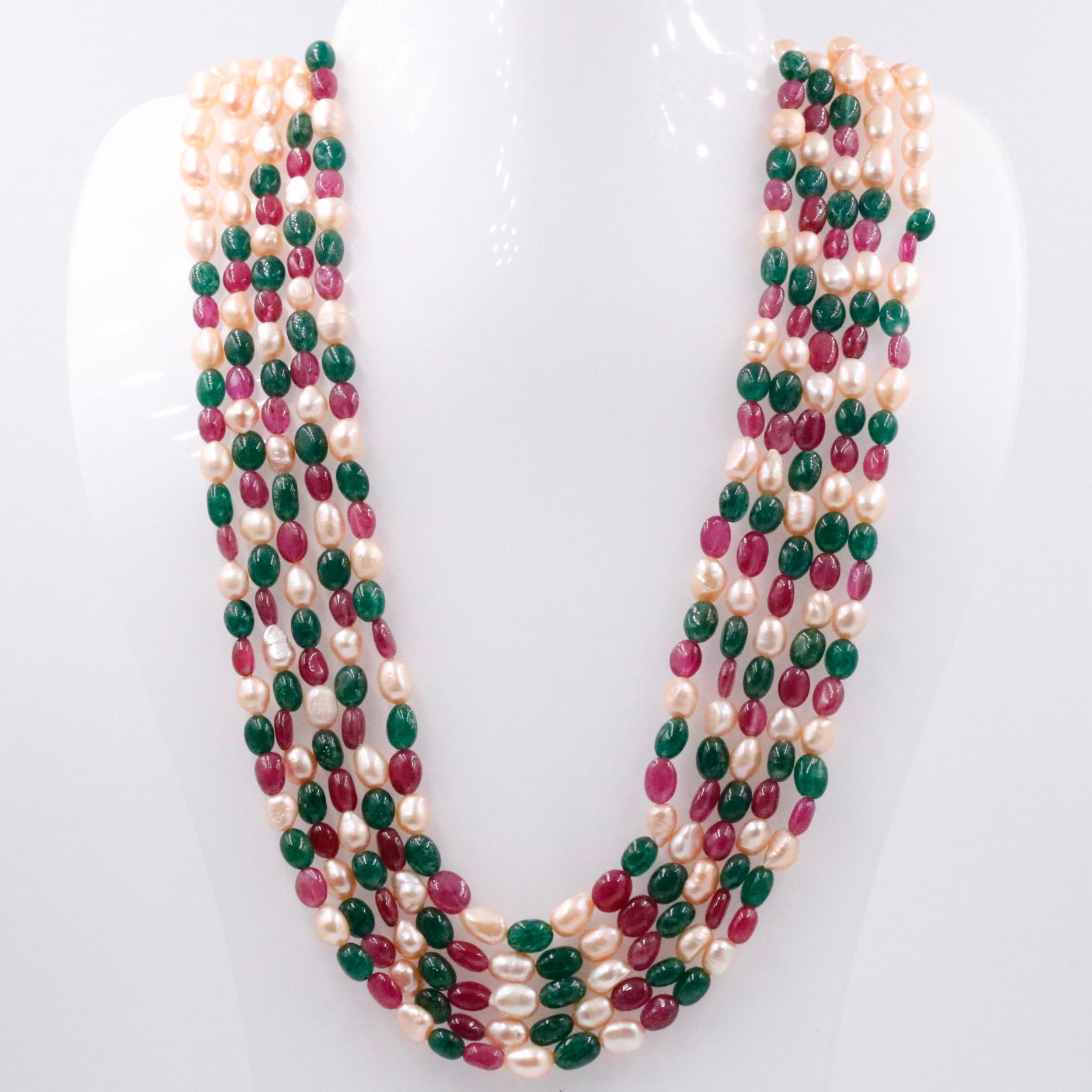 Multi Gemstone Necklace - Aventurine Quartz Ruby Freshwater Pearl Beads - Taj Mahal Gems