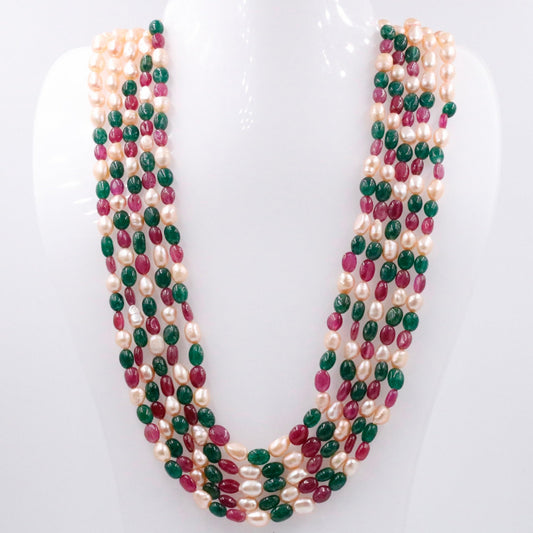Multi Gemstone Necklace - Aventurine Quartz Ruby Freshwater Pearl Beads - Taj Mahal Gems