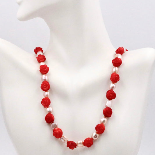 Natural Red Coral Rose Bead with Pearl Necklace - Taj Mahal Gems