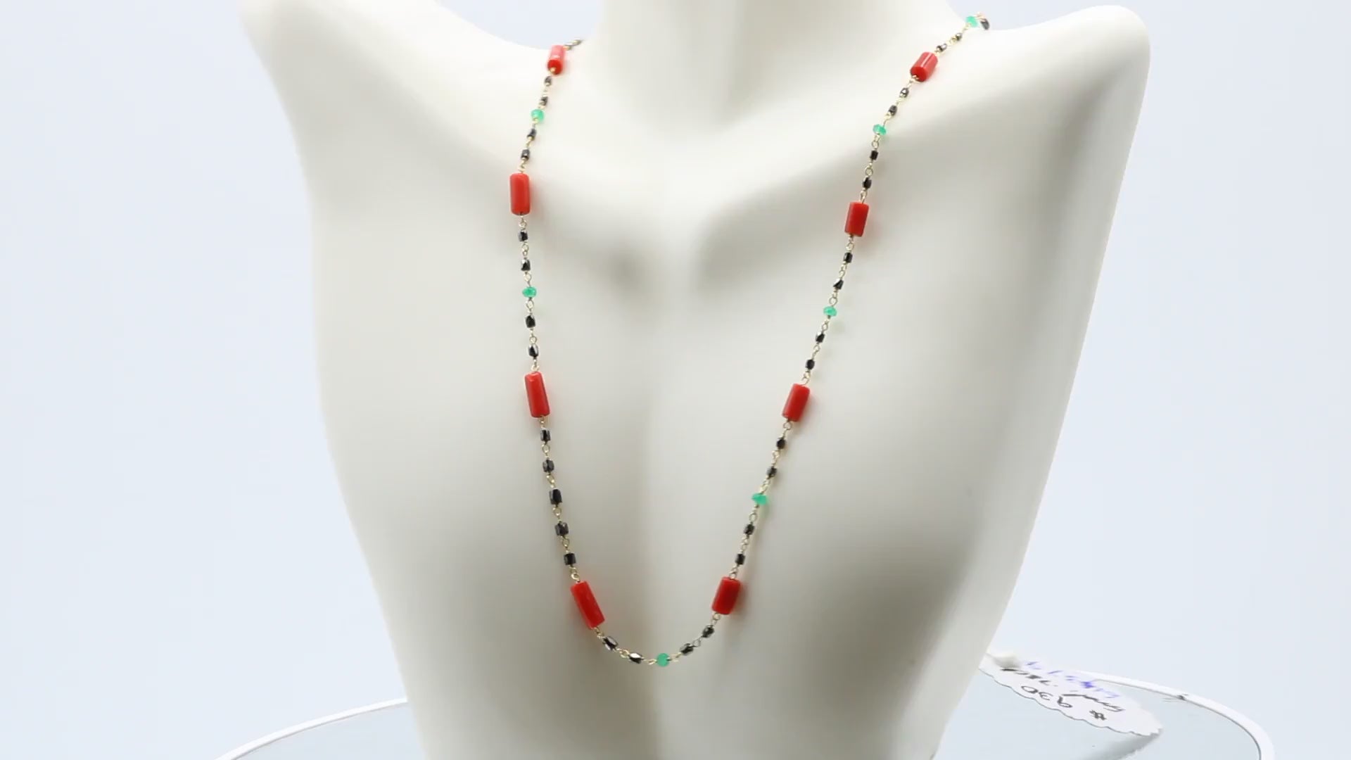 22K Gold Black Diamond Italian Coral and Emerald Necklace