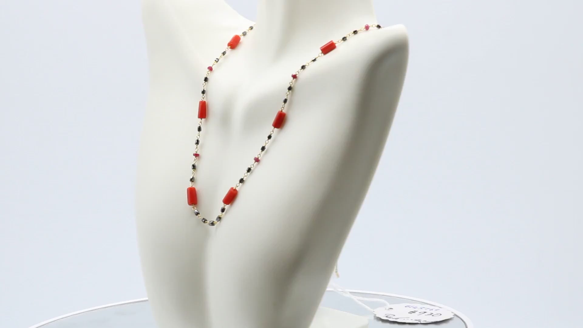 22K Gold Black Diamond, Italian Coral, and Ruby Necklace