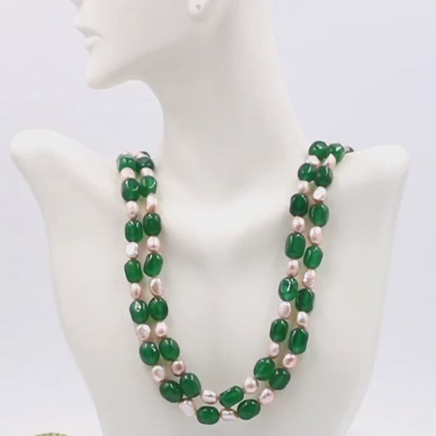 a white mannequin wearing a 2 strand Emerald Pearl Necklace