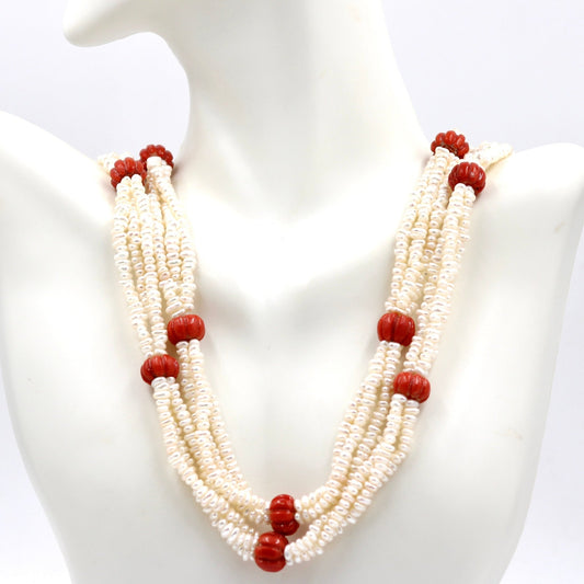 Rice Pearl With Pumpkin Coral Necklace - Taj Mahal Gems