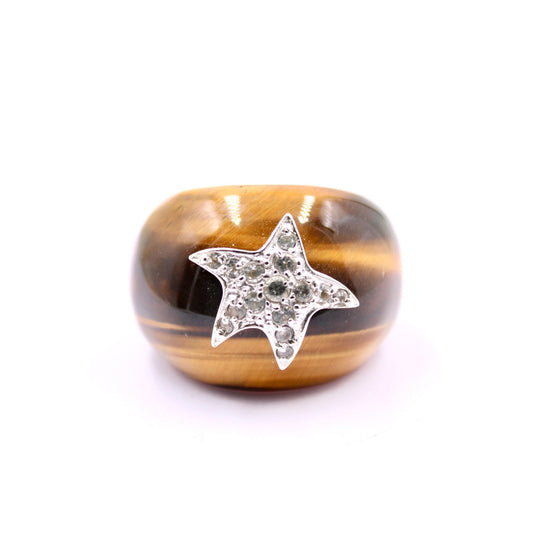 Tiger's Eye Ring with White Topaz Star - Taj Mahal Gems