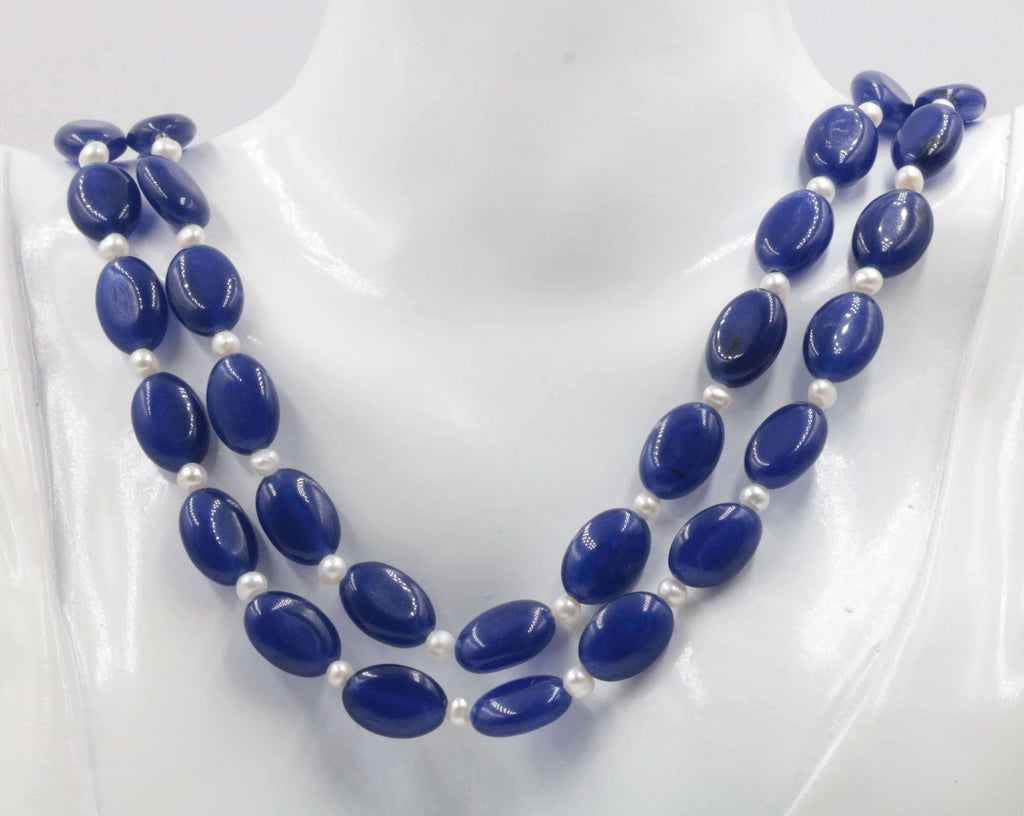 Natural Blue Quartz & Pearl Necklace for June Birthday